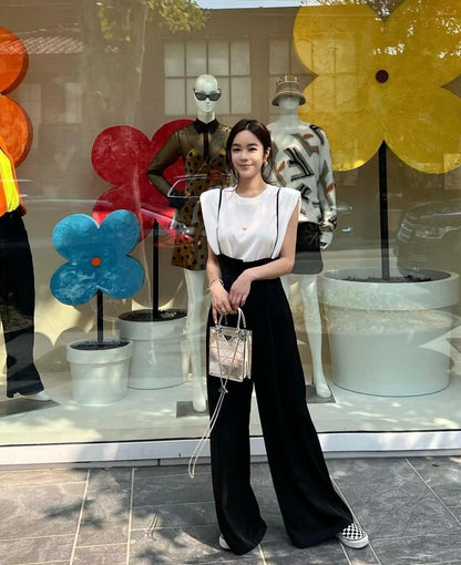 Tue. 復古極高腰闊腿休閒褲 印花/純黑