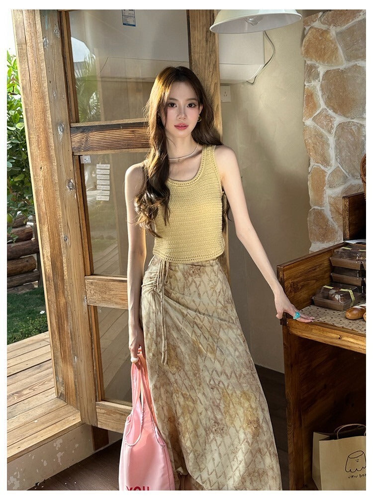 Sat. 暮橘織光 漂染針織背心/抽繩層疊半身裙 綠黃