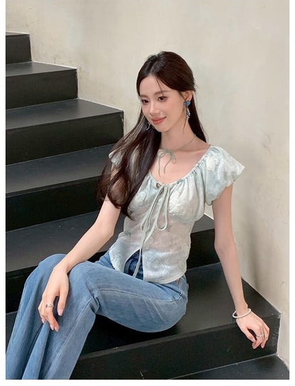 Sat. 溫柔姐姐 V領繫帶緹花雪紡上衣 粉/綠