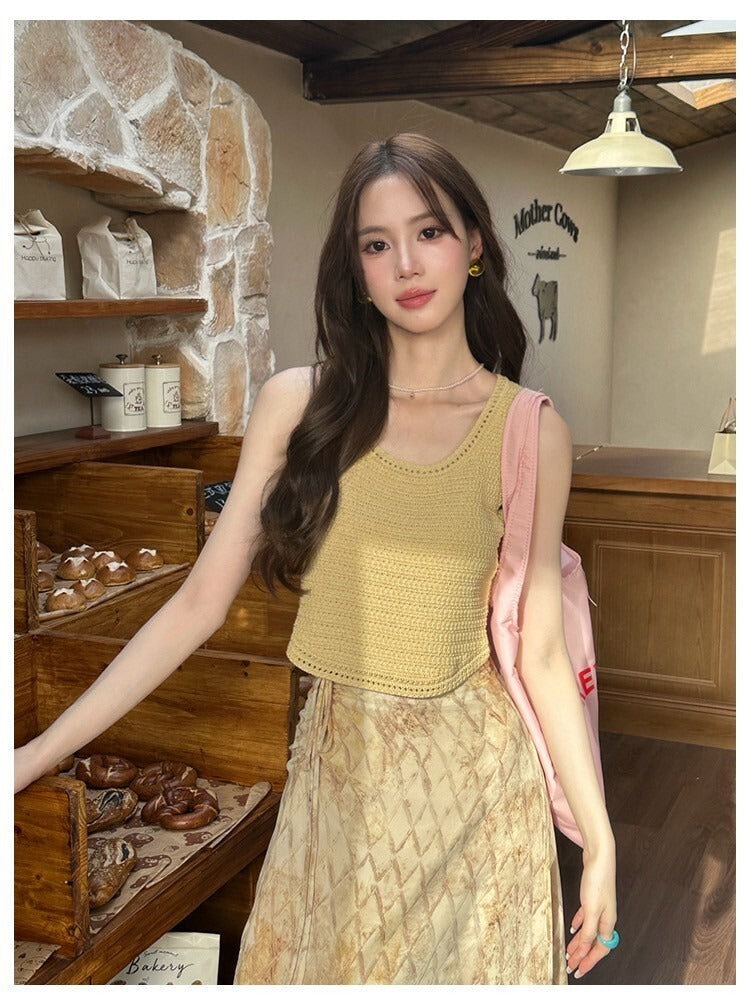 Sat. 暮橘織光 漂染針織背心/抽繩層疊半身裙 綠黃