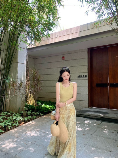 Sat. 暮橘織光 漂染針織背心/抽繩層疊半身裙 綠黃
