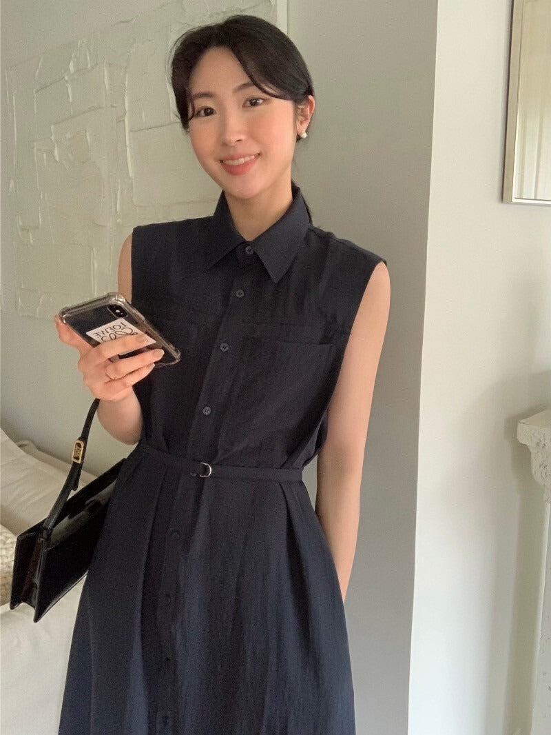 Tue. 通勤氣質繫帶式連身背心裙 藍