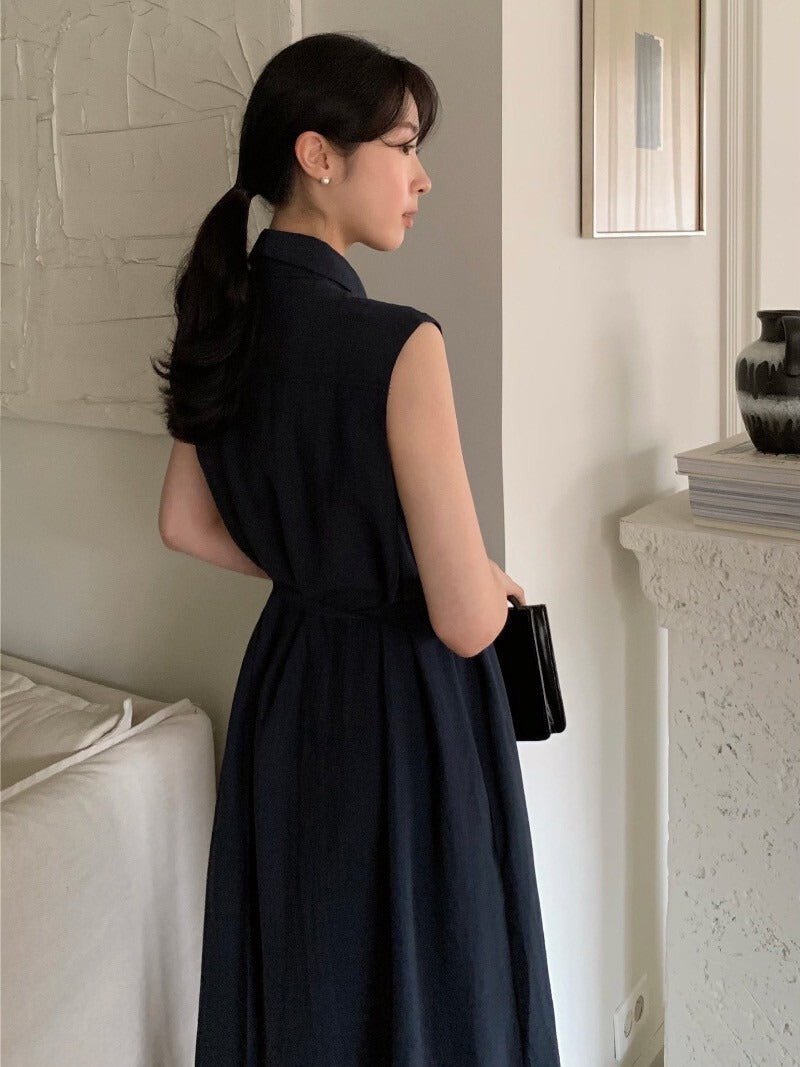 Tue. 通勤氣質繫帶式連身背心裙 藍