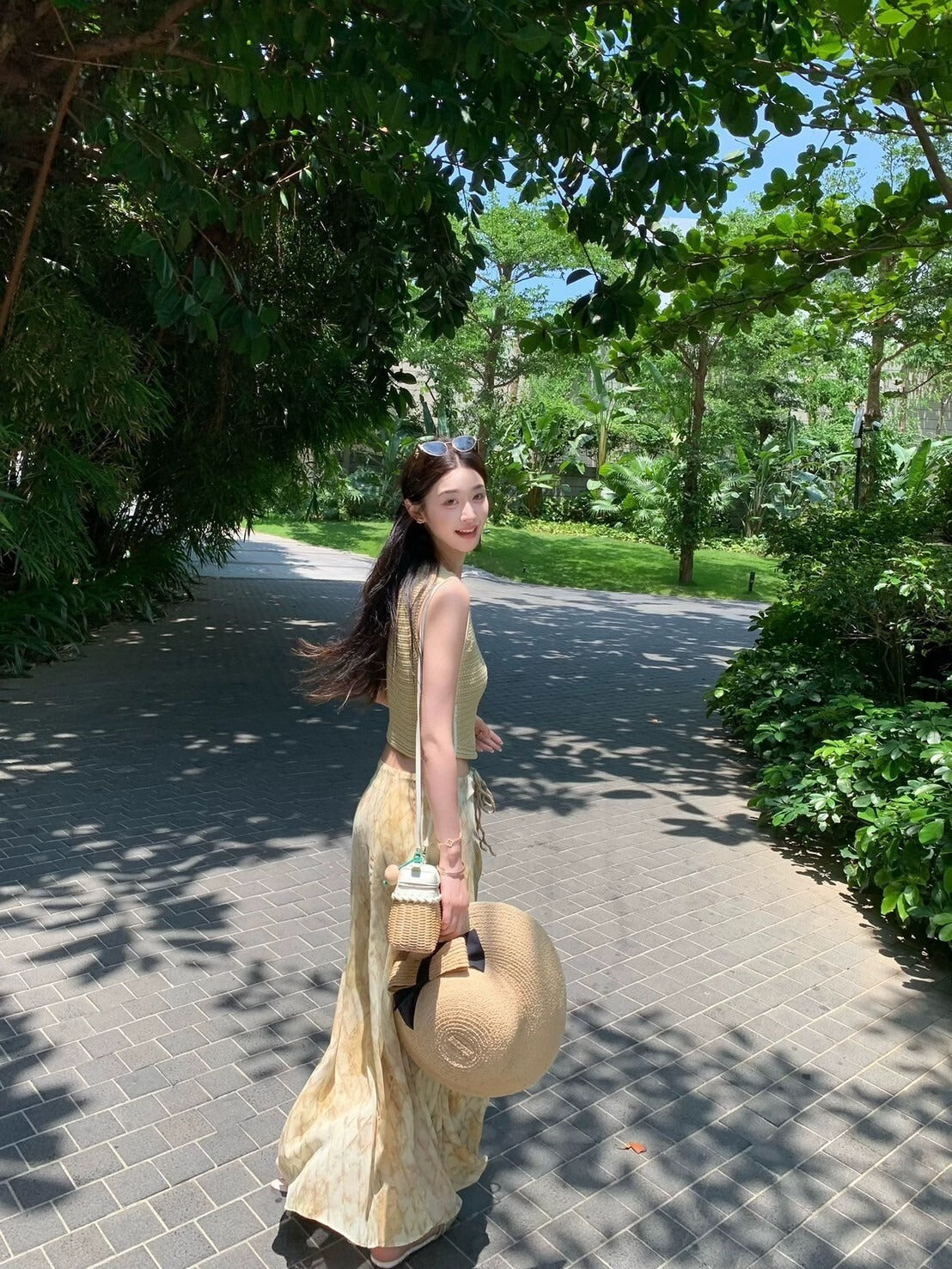 Sat. 暮橘織光 漂染針織背心/抽繩層疊半身裙 綠黃