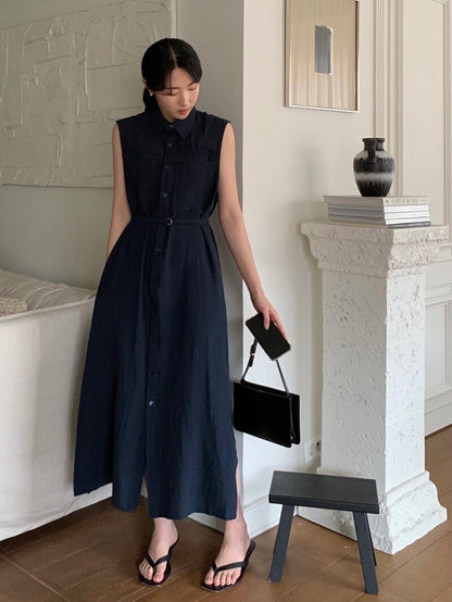 Tue. 通勤氣質繫帶式連身背心裙 藍