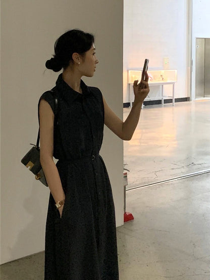 Tue. 通勤氣質繫帶式連身背心裙 藍