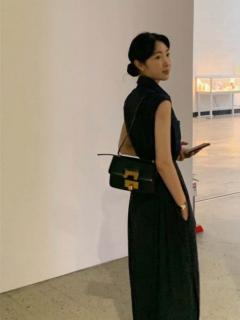 Tue. 通勤氣質繫帶式連身背心裙 藍