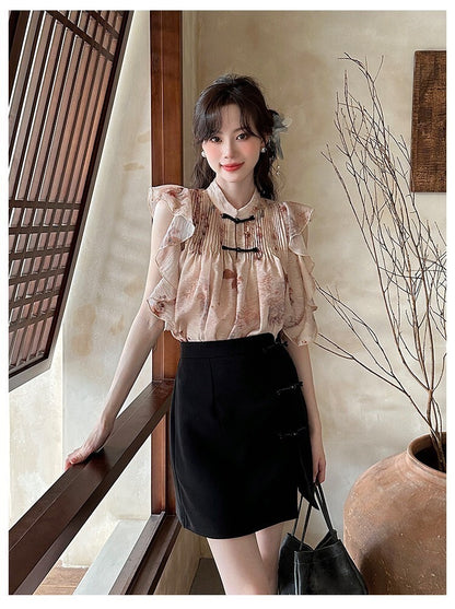 Sat. 溫婉新中式盤扣小飛袖上衣2色/修身半身裙