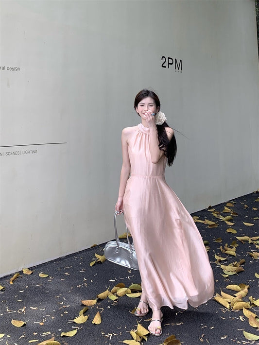 Sat. 草莓牛奶 粉嫩蝴蝶結綁帶光澤紗連身裙