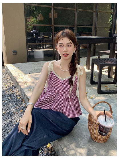 Sat. 草原野餐 復古綁帶格紋背心 粉/藍