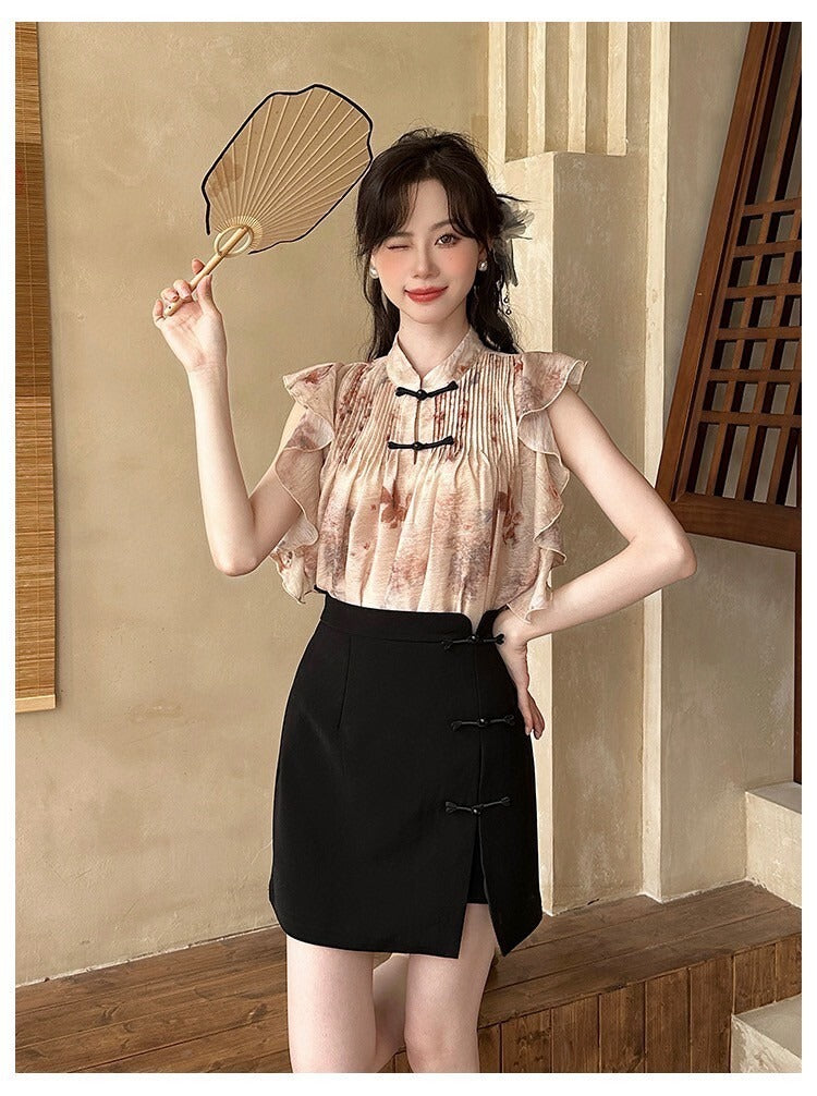 Sat. 溫婉新中式盤扣小飛袖上衣2色/修身半身裙