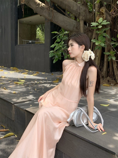 Sat. 草莓牛奶 粉嫩蝴蝶結綁帶光澤紗連身裙