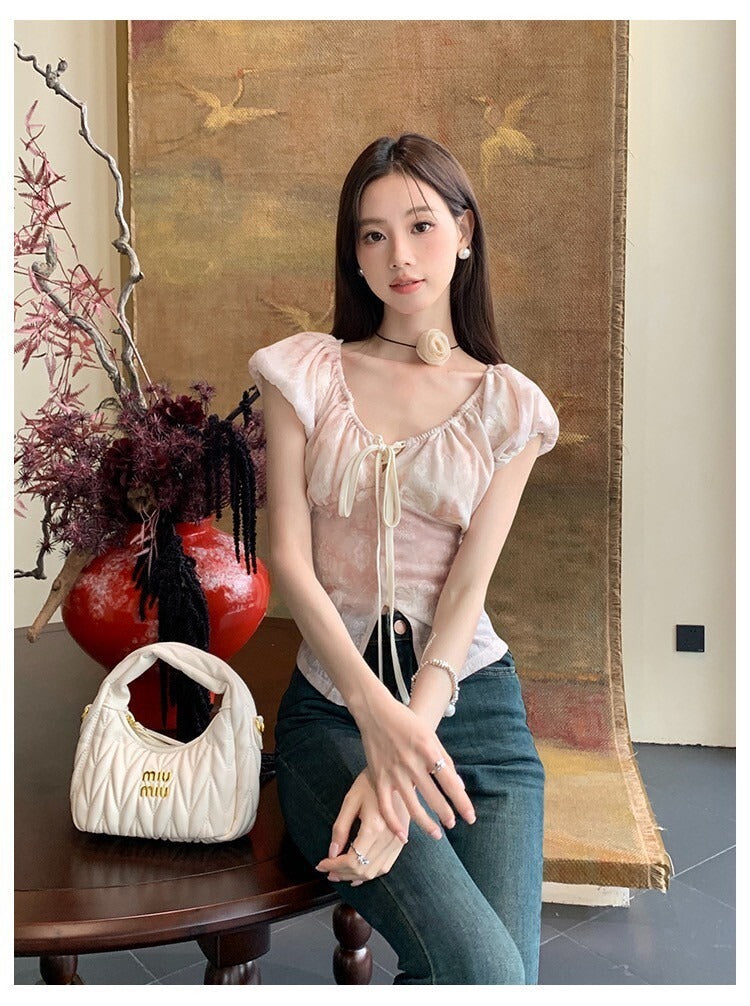 Sat. 溫柔姐姐 V領繫帶緹花雪紡上衣 粉/綠