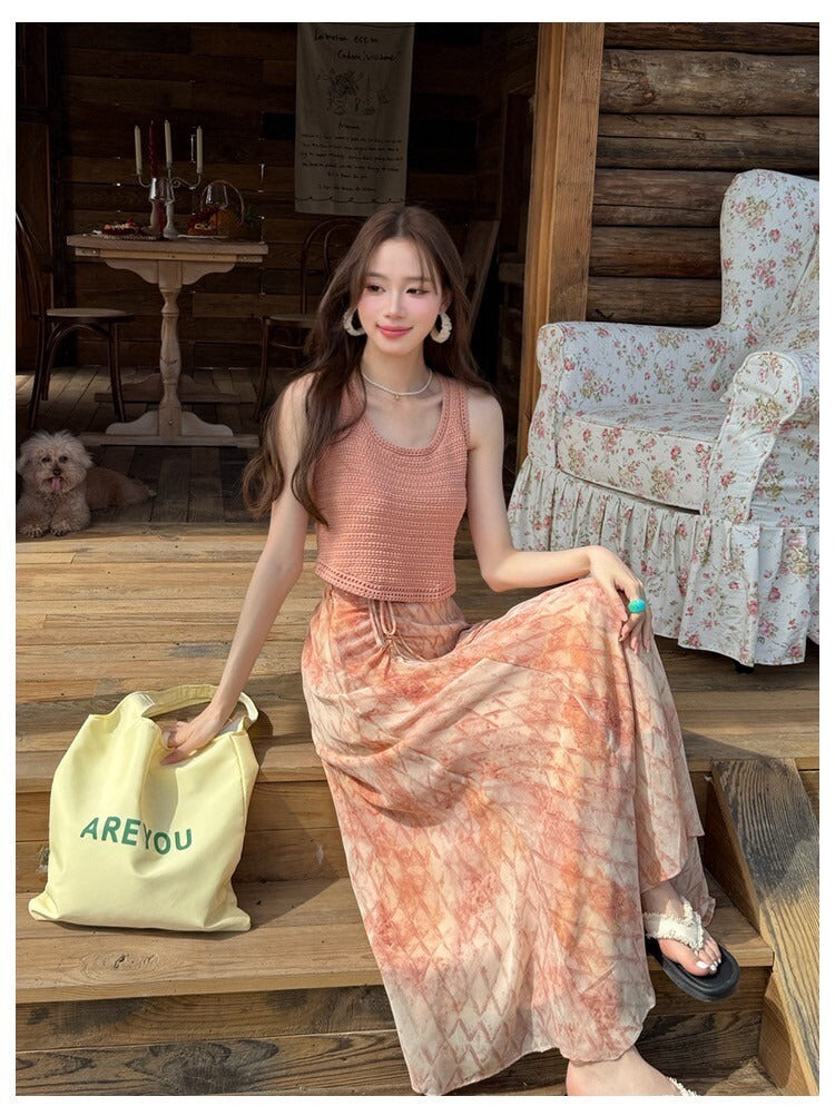 Sat. 暮橘織光 漂染針織背心/抽繩層疊半身裙 粉