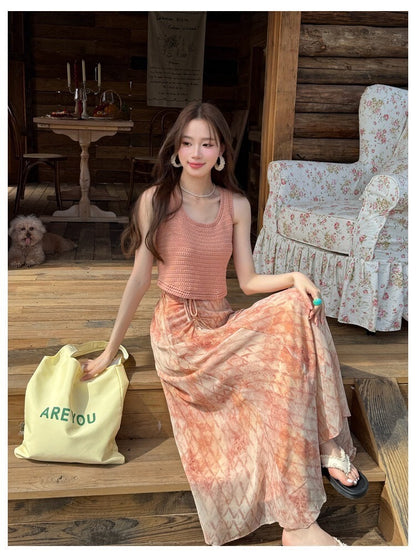 Sat. 暮橘織光 漂染針織背心/抽繩層疊半身裙 粉