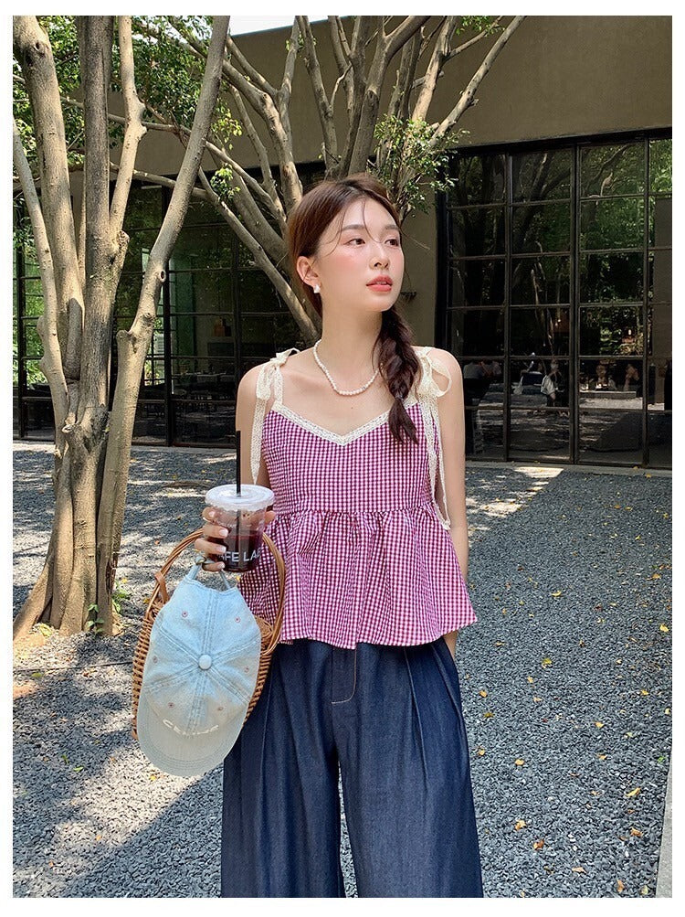 Sat. 草原野餐 復古綁帶格紋背心 粉/藍