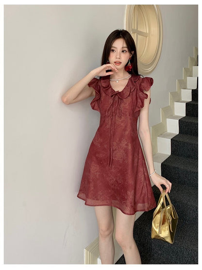 Sat. 溫柔解語花 新中式荷葉袖碎花裙 紅/杏