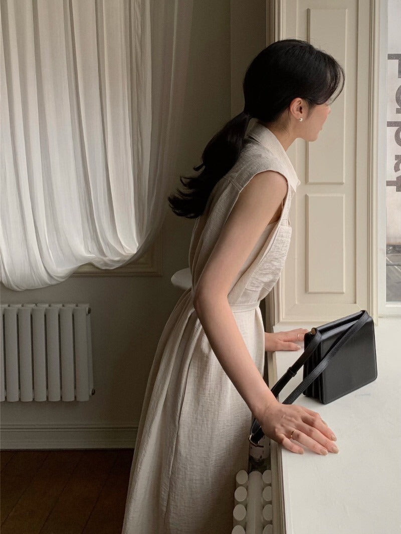 Tue. 通勤氣質繫帶式連身背心裙 杏/咖