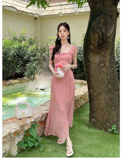 Sat. 海島熱戀 顯瘦浪漫雪紡碎花裙 粉/黑