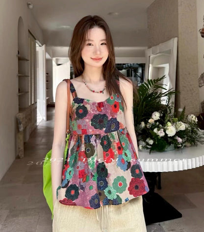 Sat. 甜心油畫家 小眾彩花吊帶上衣
