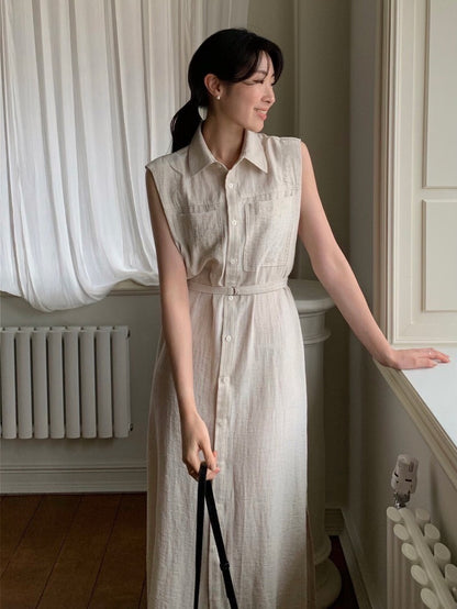 Tue. 通勤氣質繫帶式連身背心裙 杏/咖
