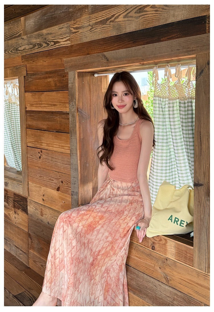 Sat. 暮橘織光 漂染針織背心/抽繩層疊半身裙 粉