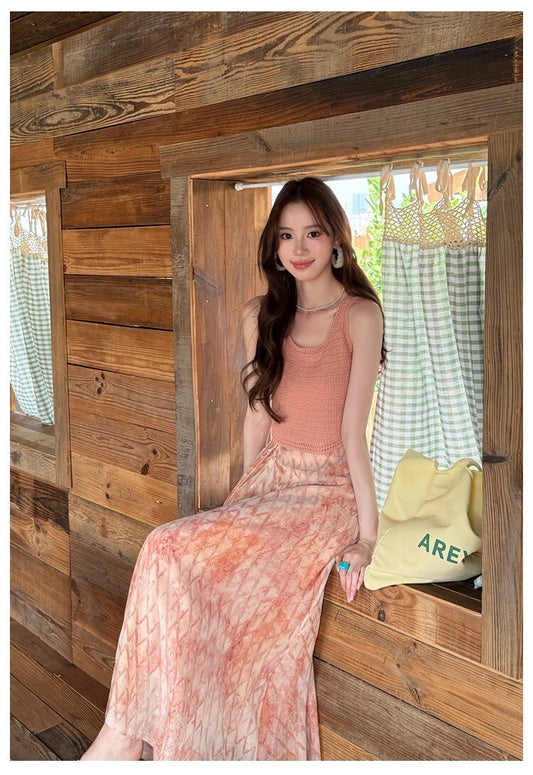 Sat. 暮橘織光 漂染針織背心/抽繩層疊半身裙 粉