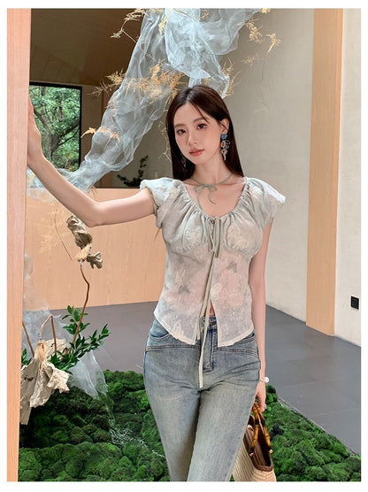 Sat. 溫柔姐姐 V領繫帶緹花雪紡上衣 粉/綠