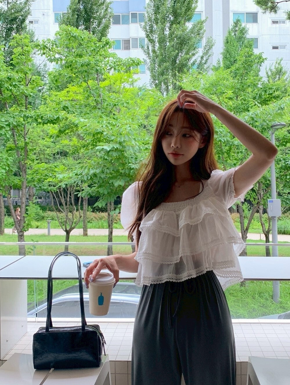 Tue. 甜美女孩花邊蛋糕荷葉顯瘦上衣 白/肉桂粉