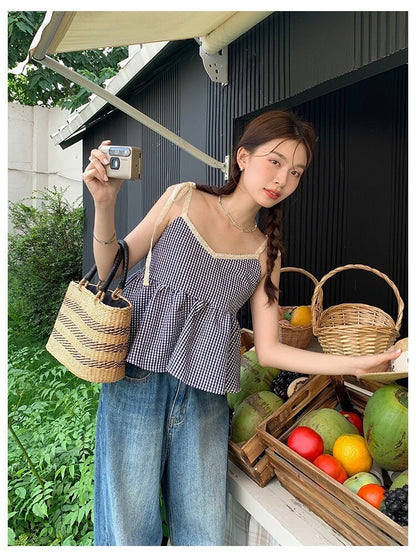 Sat. 草原野餐 復古綁帶格紋背心 粉/藍