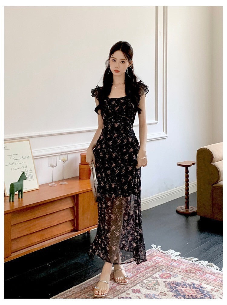 Sat. 海島熱戀 顯瘦浪漫雪紡碎花裙 粉/黑