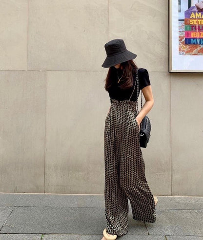 Tue. 復古極高腰闊腿休閒褲 印花/純黑