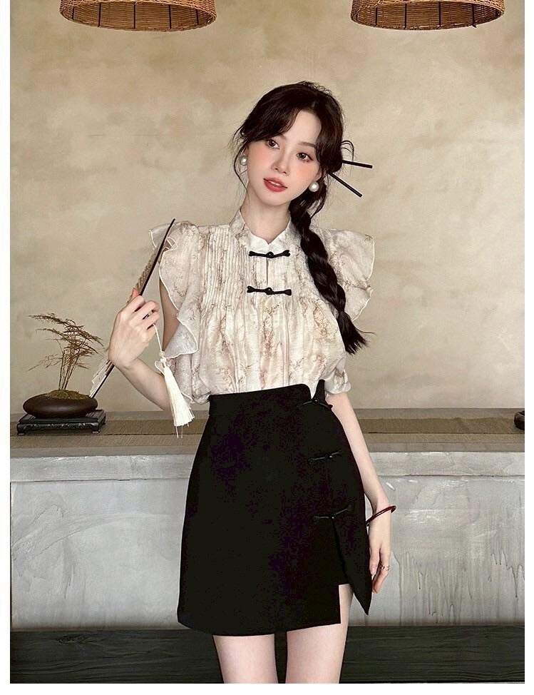 Sat. 溫婉新中式盤扣小飛袖上衣2色/修身半身裙