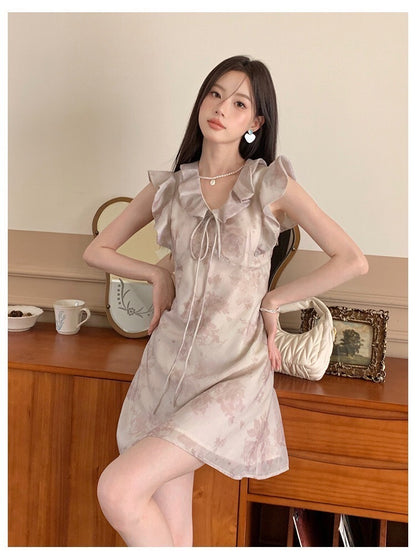 Sat. 溫柔解語花 新中式荷葉袖碎花裙 紅/杏