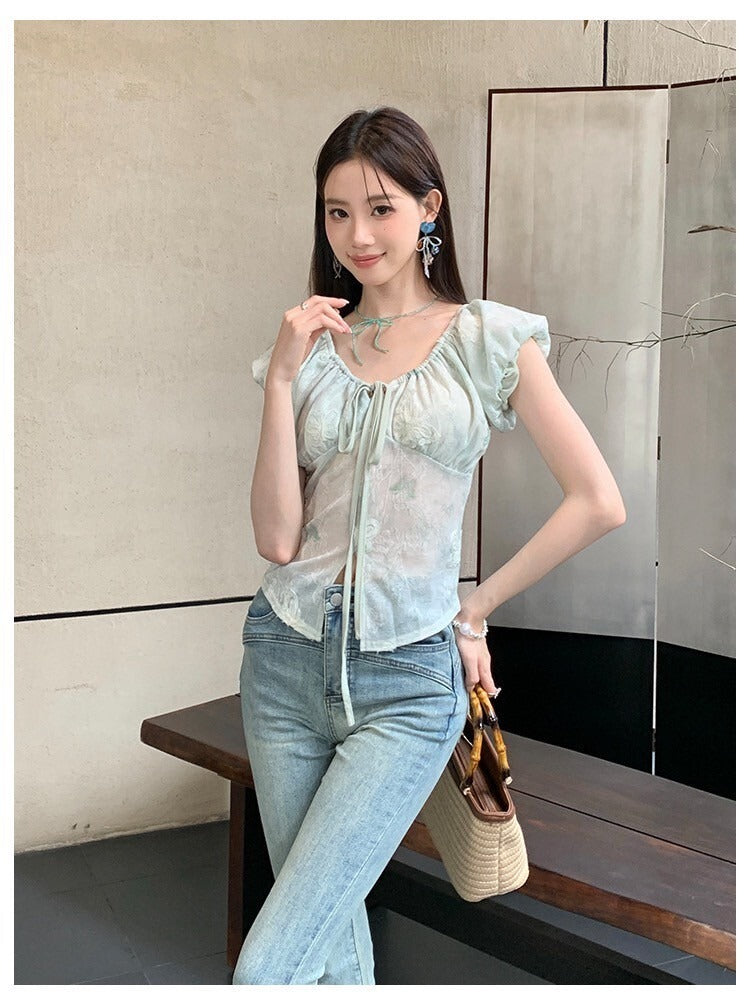 Sat. 溫柔姐姐 V領繫帶緹花雪紡上衣 粉/綠