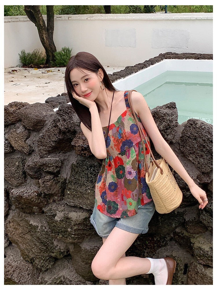 Sat. 甜心油畫家 小眾彩花吊帶上衣