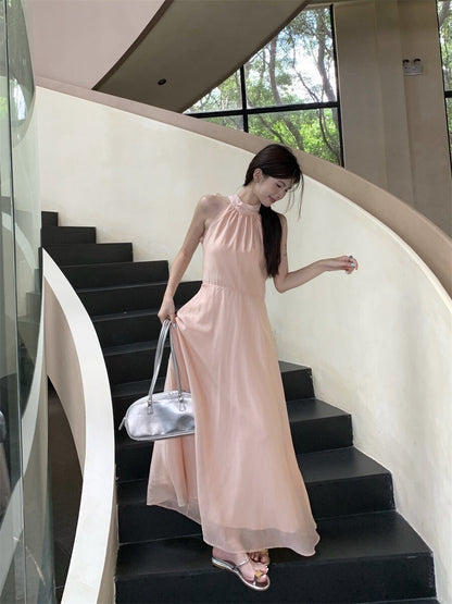 Sat. 草莓牛奶 粉嫩蝴蝶結綁帶光澤紗連身裙