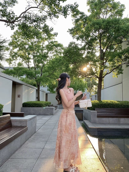 Sat. 暮橘織光 漂染針織背心/抽繩層疊半身裙 粉