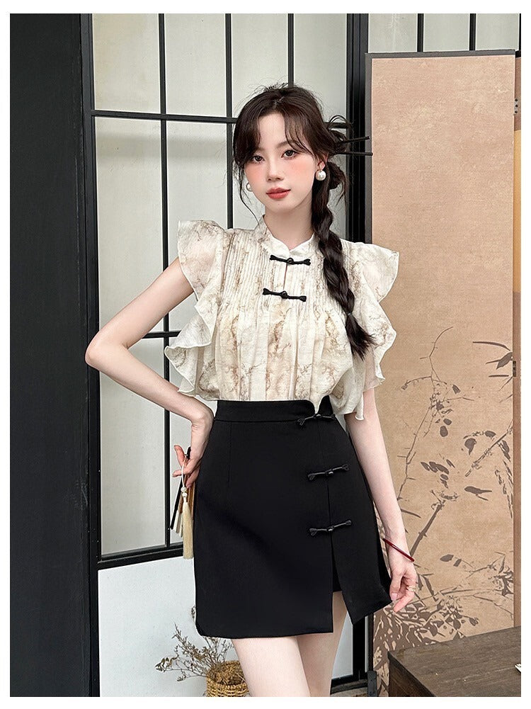 Sat. 溫婉新中式盤扣小飛袖上衣2色/修身半身裙