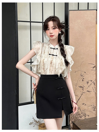 Sat. 溫婉新中式盤扣小飛袖上衣2色/修身半身裙