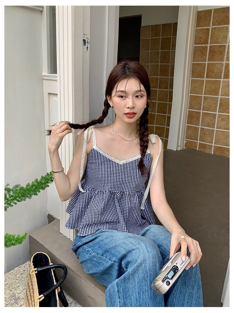 Sat. 草原野餐 復古綁帶格紋背心 粉/藍