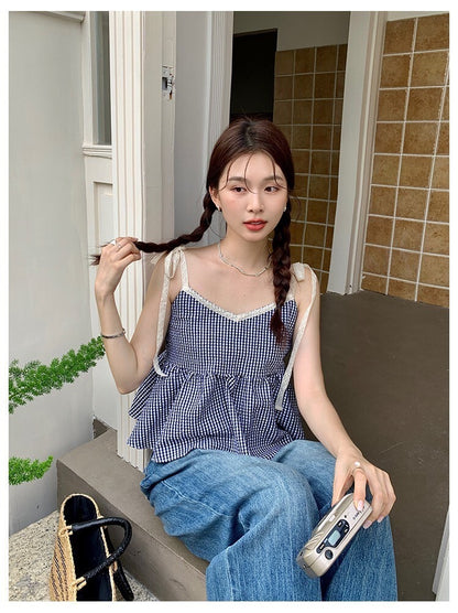 Sat. 草原野餐 復古綁帶格紋背心 粉/藍