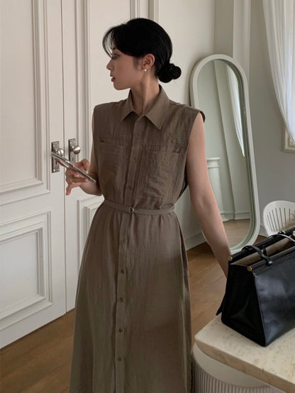Tue. 通勤氣質繫帶式連身背心裙 杏/咖