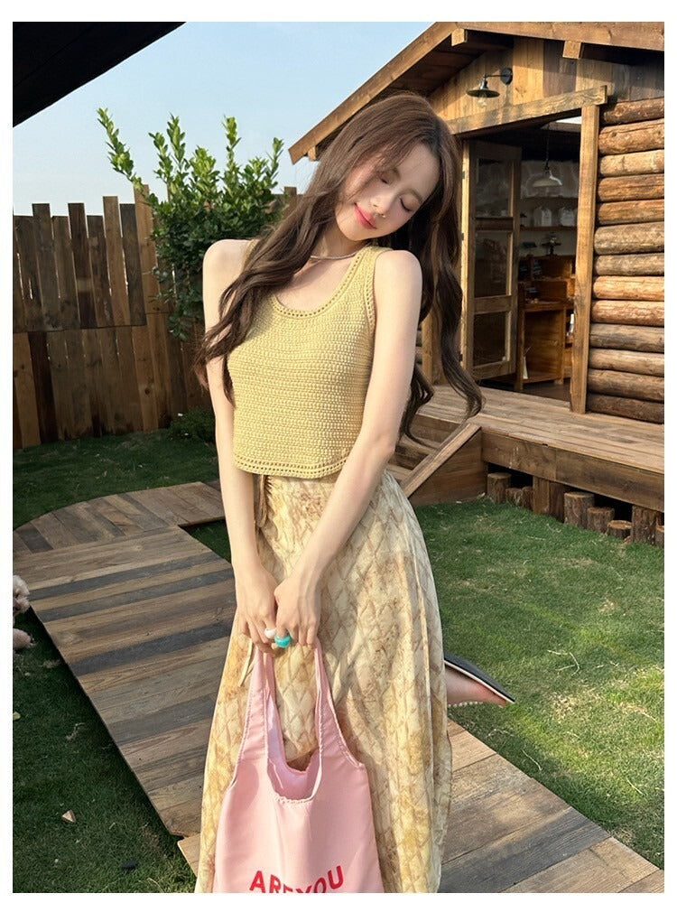 Sat. 暮橘織光 漂染針織背心/抽繩層疊半身裙 綠黃