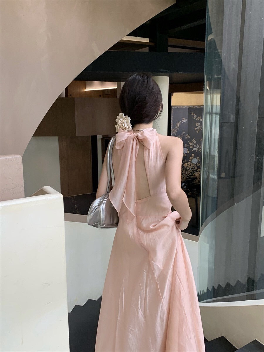 Sat. 草莓牛奶 粉嫩蝴蝶結綁帶光澤紗連身裙