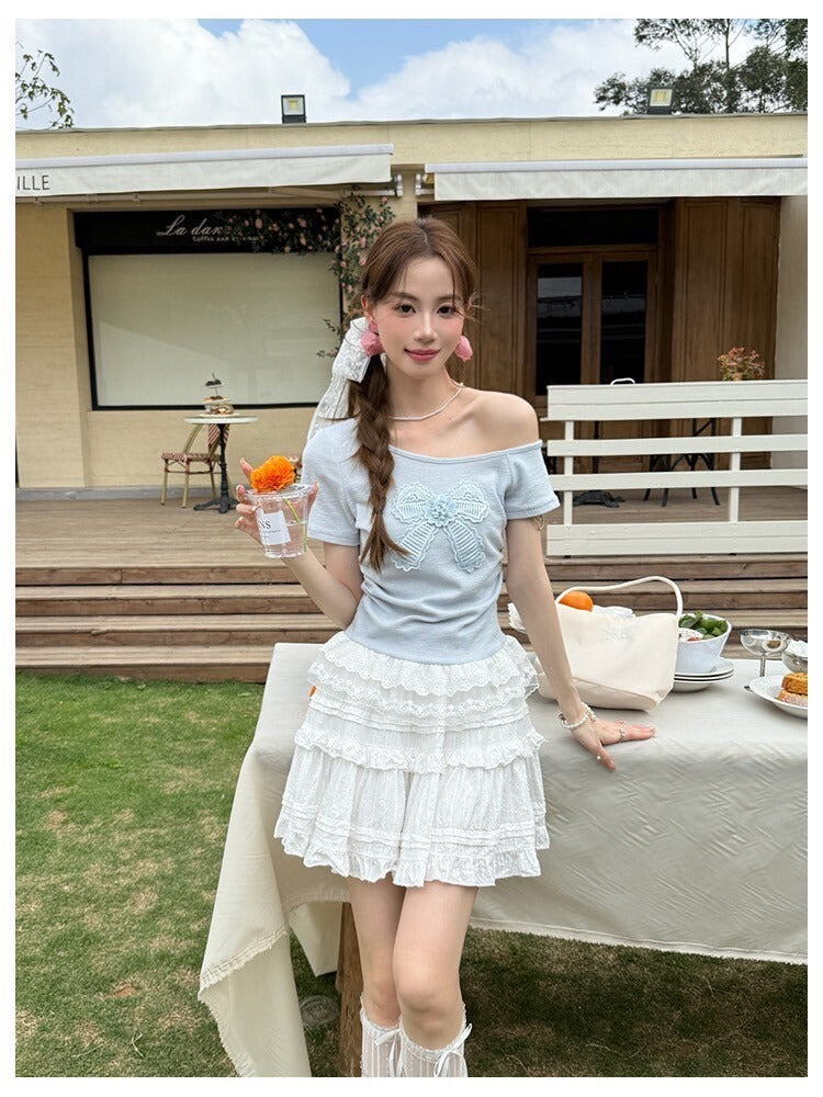Sat.  芭蕾翩翩 休閒蝴蝶結上衣（兩色）/蕾絲蛋糕裙