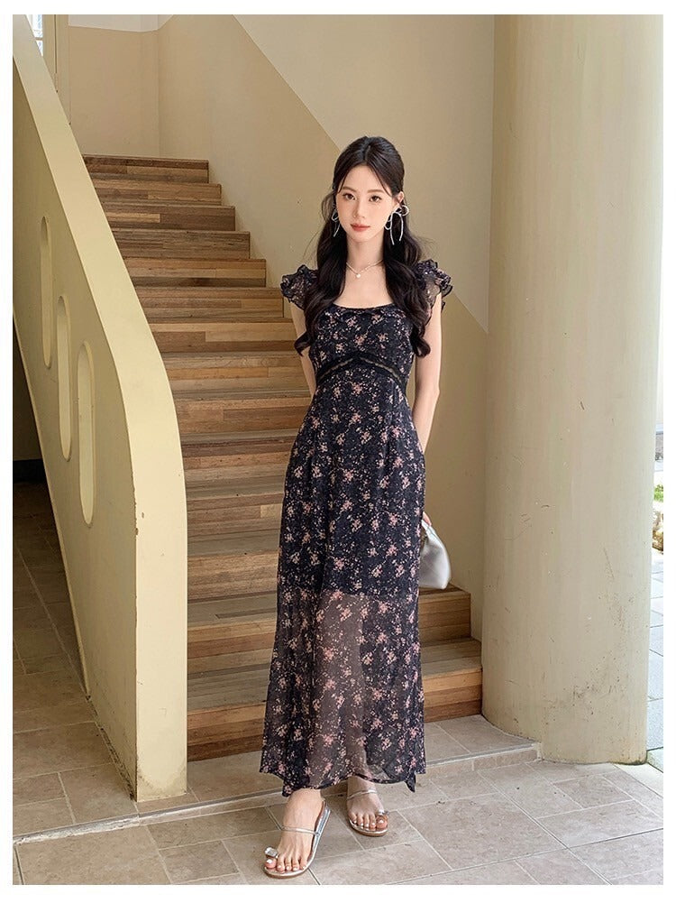 Sat. 海島熱戀 顯瘦浪漫雪紡碎花裙 粉/黑