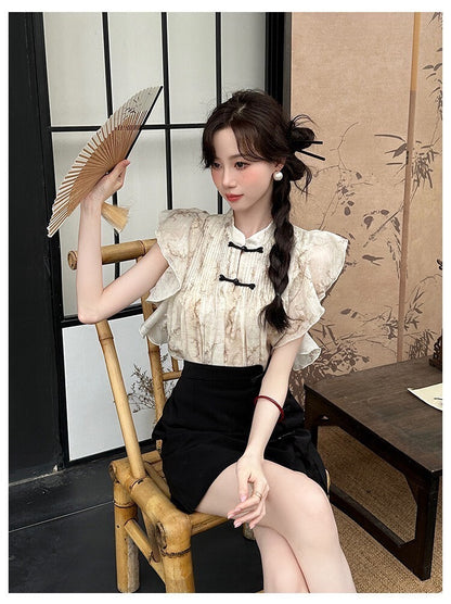 Sat. 溫婉新中式盤扣小飛袖上衣2色/修身半身裙