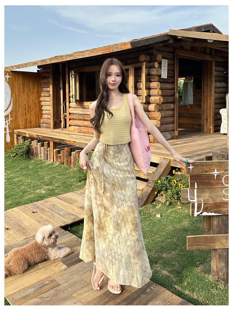 Sat. 暮橘織光 漂染針織背心/抽繩層疊半身裙 綠黃