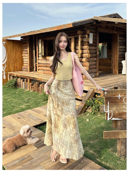 Sat. 暮橘織光 漂染針織背心/抽繩層疊半身裙 綠黃